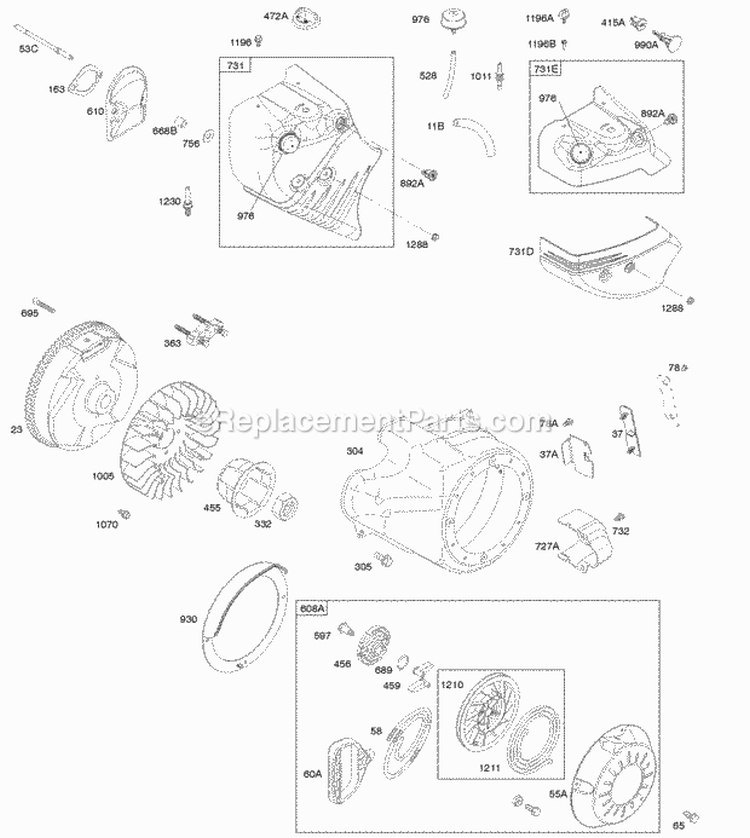Blower HousingShrouds Flywheel Rewind Starter Diagram and Parts List for 21M417-0171-E1  Briggs and Stratton Engine
